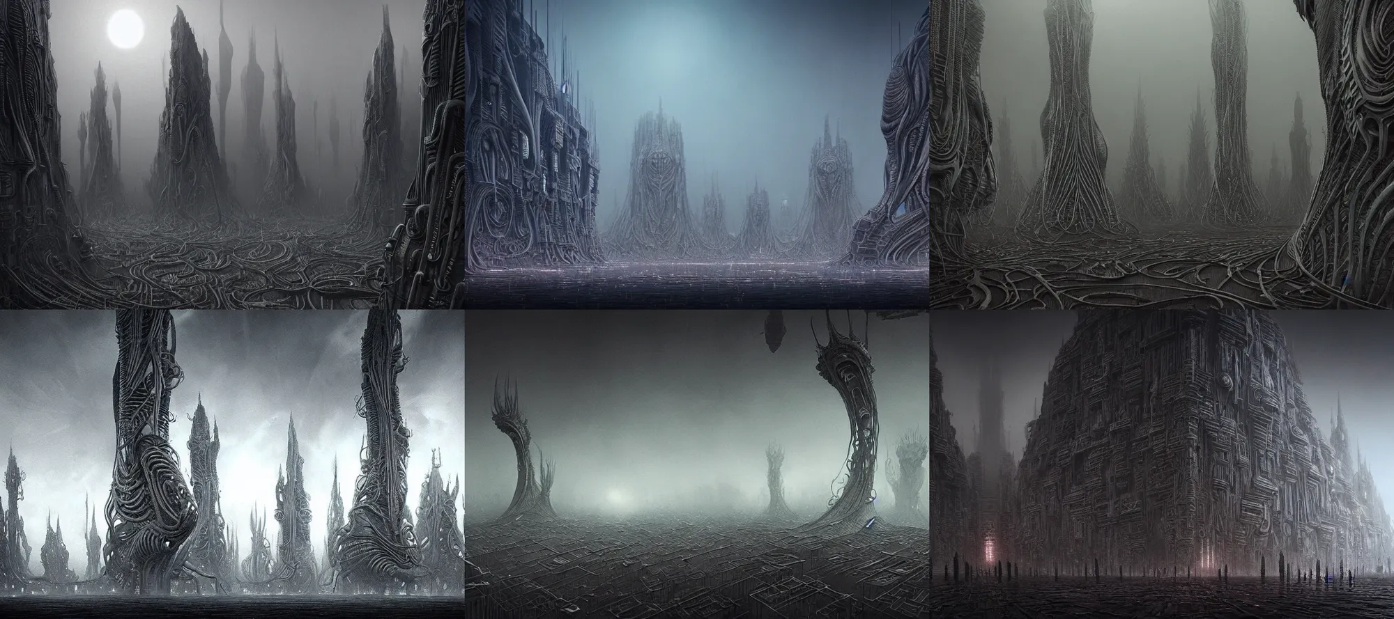 Prompt: creepy organic alien city, dark atmosphere, artstation, trending, intricate lining, by piotr ruszkowski, h. r. giger and zdzisław beksinski