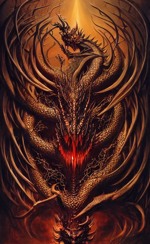 Prompt: a chthonic dragon art by Ayami Kojima, Beksinski, Giger, intricate colourfully painted carved wood paneling, dark souls, ivory and copper , artstation