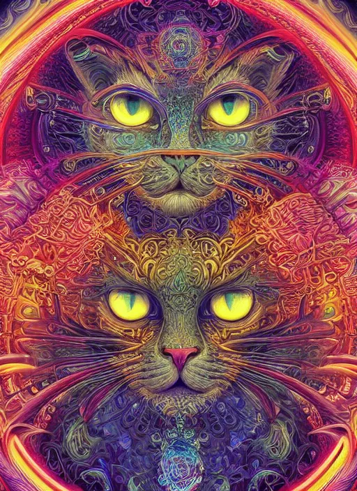 Prompt: a intricate ornate psychedelic image of a cat god with a glowing third eye, digital art by artgerm, alex grey, dan mumford, felix kelly, psychedelic art, psychedelic, fractalism, fractals, sacred geometry, trending on artstation, hyper - realism, highly detailed, cgsociety, octane render, raytracing, 3 d