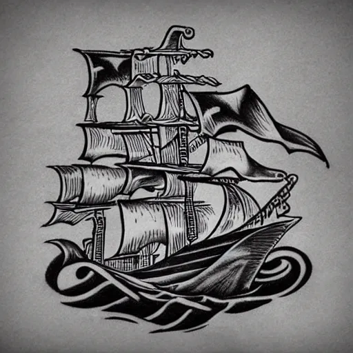 Image similar to A pirate ship tattoo design in the style of Dmitriy Samohin