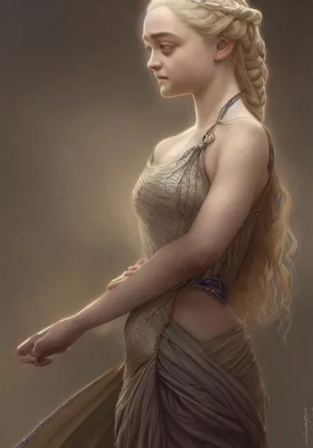 Prompt: daenerys dakota fanning, intricate, elegant, highly detailed, digital painting, artstation, concept art, smooth, sharp focus, illustration, art by artgerm and greg rutkowski and alphonse mucha and william - adolphe bouguereau