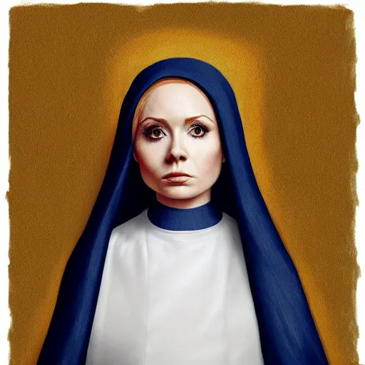 Prompt: karen gillian as a nun, painted by Edward Poyner