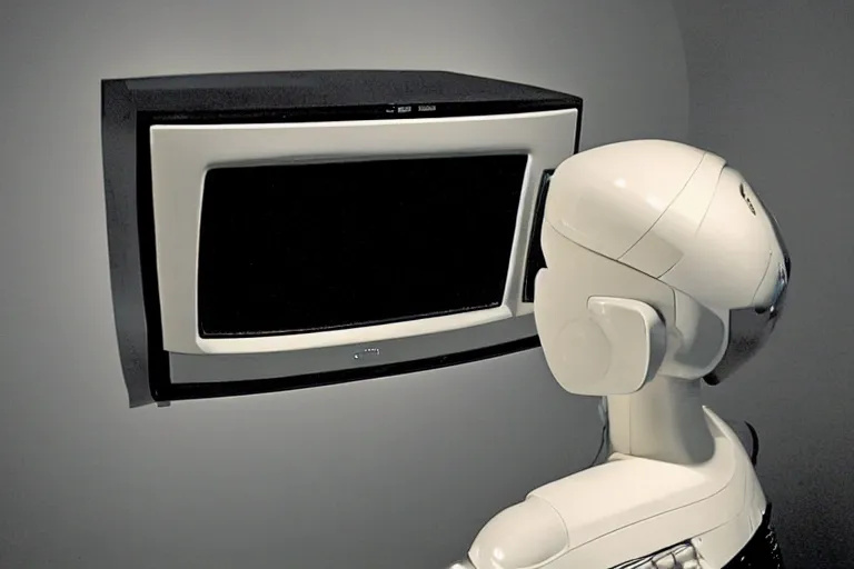 Image similar to humanoid robot sticking her head inside of a microwave, from 2001, bathed in the glow of a crt television, low-light photograph, in the style of jack bridgeland