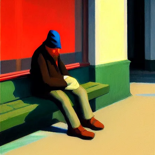 Image similar to painting of a homeless person. by edward hopper and james gilleard