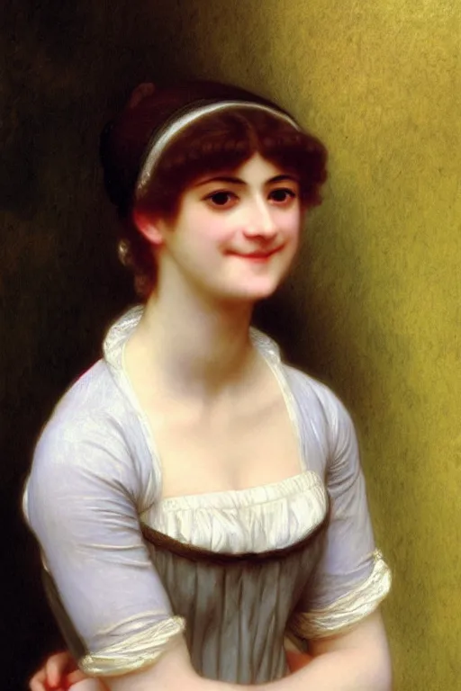 Image similar to jane austen, smile, ahaha, painting by rossetti bouguereau, detailed art, artstation