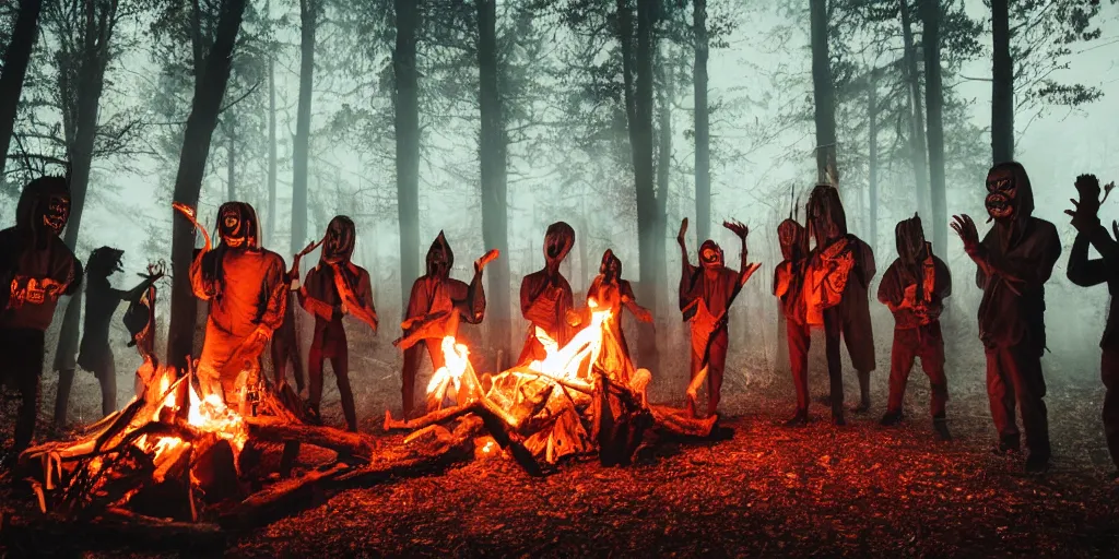 Image similar to forest hermits wearing scary wooden masks preparing a ritual around a wildly lit campfire in an ominous forest at night, photography