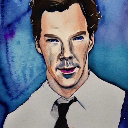 Prompt: a water color character portrait of benedict cumberbatch, society 6