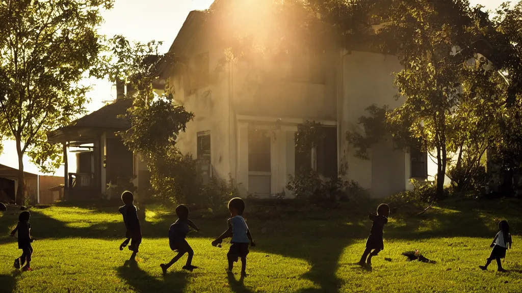 Prompt: children playing near a house. silhouette.