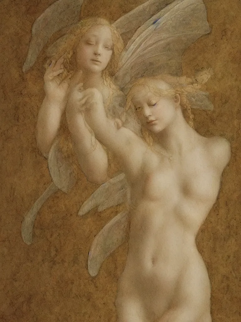 Image similar to artist study of a single fairy, in the style of leonardo da vinci, realistic, pretty, ethereal,