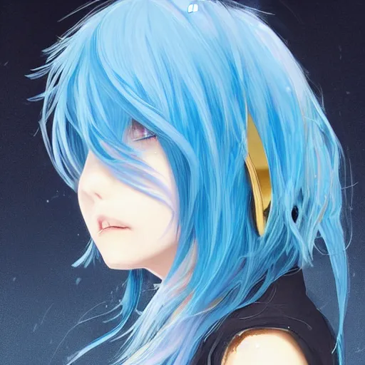 Prompt: side profile of rimuru tempest crying with sky blue hair, long hair, gold eyes, high collar, black jacket with white stripes | shiny, highly detailed, rain, professional digital painting, concept art, award - winning photography, cinematic, wlop | art by pixiv art, ilya kuvshinov yoshitaka amano