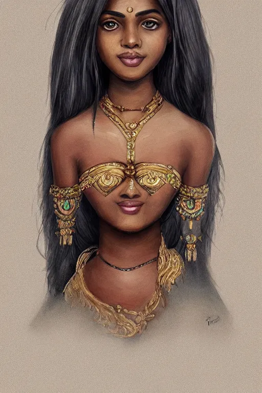 Image similar to A bust of a beautiful black skinned Sri Lankan girl with smiling lips and smooth eyebrows and straight hair, HD, illustration, epic, fantasy, intricate, elegant, amazing detail, digital painting, artstation, concept art, smooth, sharp focus, illustration, art by Turine Tran