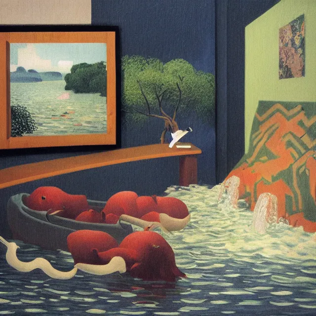 Prompt: painting of flood waters inside a bedroom, female emo art student, a river flooding indoors, pomegranates, pigs, ikebana, water, octopus, river, rapids, waterfall, black swans, canoe, berries, acrylic on canvas, surrealist, by magritte and monet