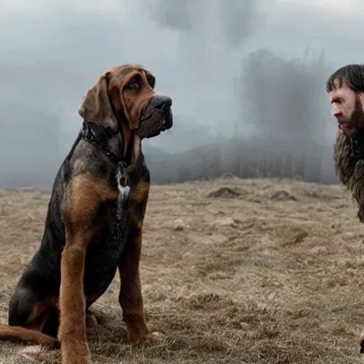 Image similar to a bloodhound playing The Hound in Game of Thrones