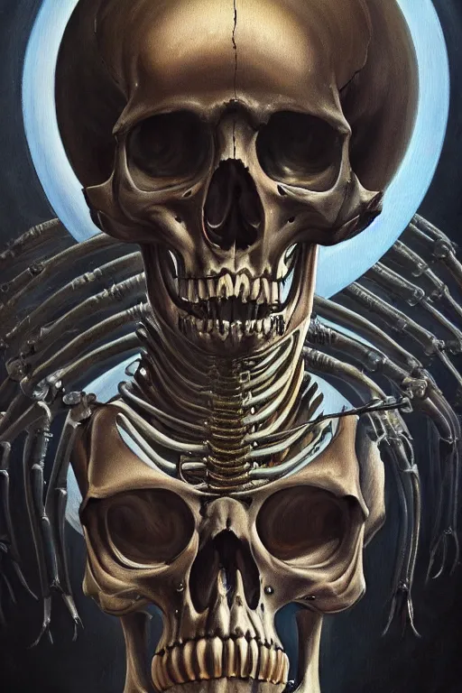 Image similar to an extremely high quality hd a painting of a skeleton with a halo around it's head, poster art by hans ruedi giger, behance contest winner, vanitas, apocalypse art, cosmic horror, darksynth, 8 k, ultra realistic, very realistic