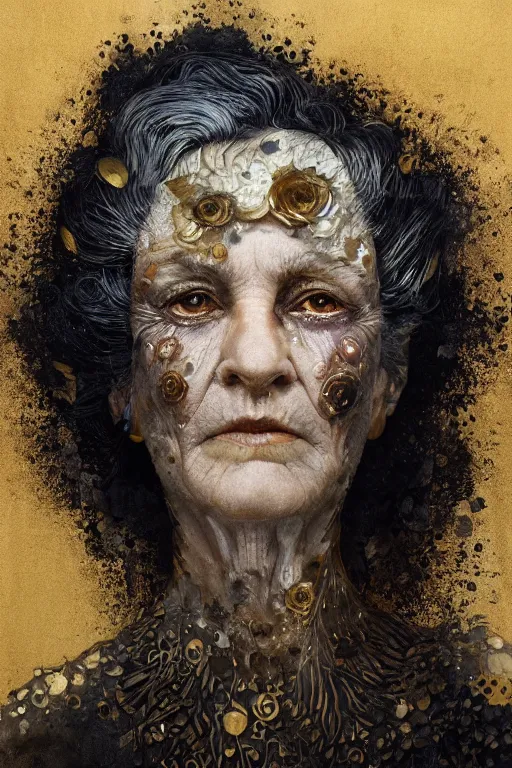 Prompt: portrait of hairy old woman with diluted aquarelle painted skin. close up. very dark black hair, shiny gold eyes. intricate dark flowers pattern on background, high detail, by Peter mohrbacher and Eddie Mendoza