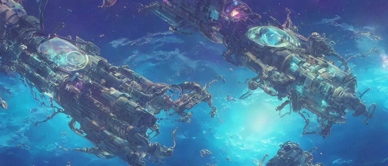 Image similar to underwater space station on a colorful ocean, unreal engine, fantasy art by greg, loish, rhads, ferdinand knab, makoto shinkai, lois van baarle, ilya kuvshinov, rossdraws, tom bagshaw, global illumination, radiant light, highly detailed intricate environment, isometric, onstudio ghibli, octane render, 8 k