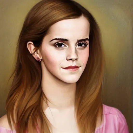 Prompt: A beautiful painting of Emma Watson with a faint pink tint in her cheeks. Her eyes are looking towards the left, and she wears a small possibly amused smile. by Raphael