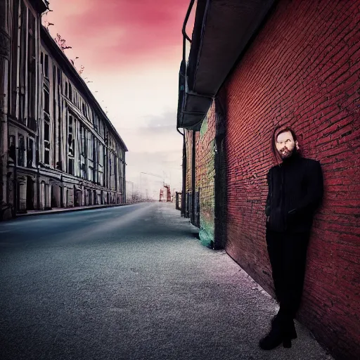 Image similar to thom yorke standing in moscow street, full body, more details, red sky, super realistic,