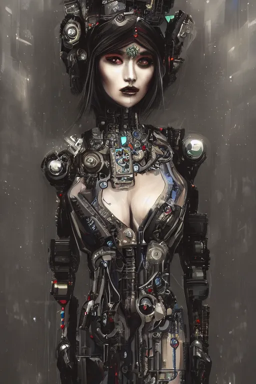 Image similar to beautiful painting of a crowned robotic cyberpunk princess in a gothic dark flowing gown laying intricate elegant highly detailed digital art, artstation