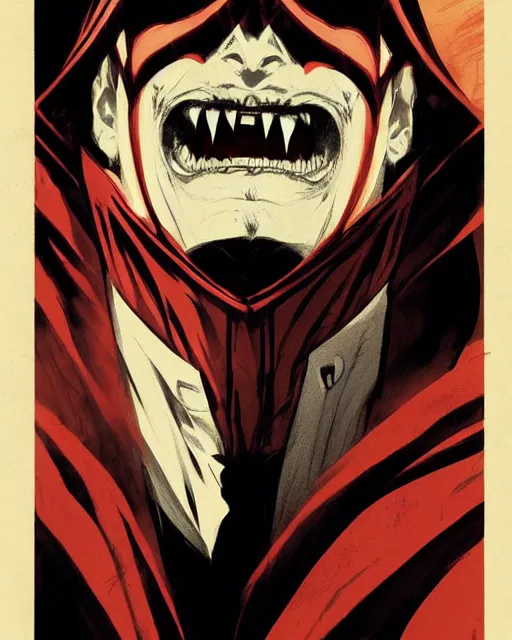 Image similar to handsome vampire king with crown and fangs, symmetrical face, evil, cinematic, dramatic, powerful, super detailed and intricate, by koson ohara, by darwyn cooke, by greg rutkowski, by satoshi kon