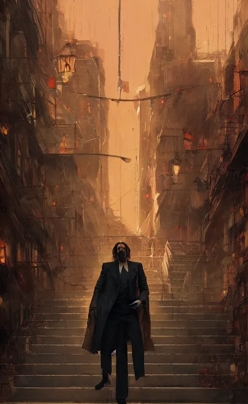 Prompt: nicolas cage as the joker dancing on stair in the city, long shadow, warm vintage colors, by Greg Rutkowski, artstation