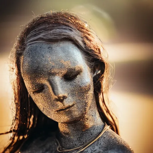 Prompt: a woman made out of metal who's rusting on her arms, 5 0 mm lens, f 1. 4, sharp focus, ethereal, emotionally evoking, head in focus, volumetric lighting, blur dreamy outdoor,