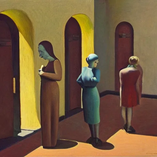 Prompt: public trial in a courtyard, grant wood, pj crook, edward hopper, oil on canvas