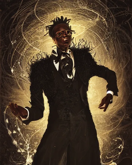 Prompt: a highly detailed portrait of black male magician radiating a powerful energy aura, ornate back tuxedo, wispy tendrils of smoke, intricate, digital painting, old english, raining, sepia, particles floating, whimsical background by marc simonetti, artwork by liam wong