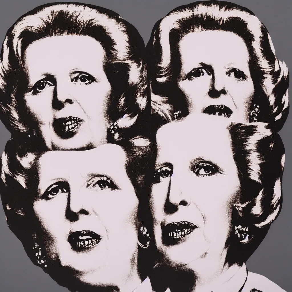 Image similar to individual silk screen portrait of margaret thatcher by andy warhol