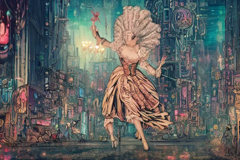 Image similar to Marie antoinette in a rococo dress as shaman dancing in with spirits in ornate cyberpunk city street, 2am, by Chiara Bautisya, blade runner, in style of Laurie Greasley, Jen Bartel, Background by Tarmo Juhola, kowloon, cinematography Roger Deakins,