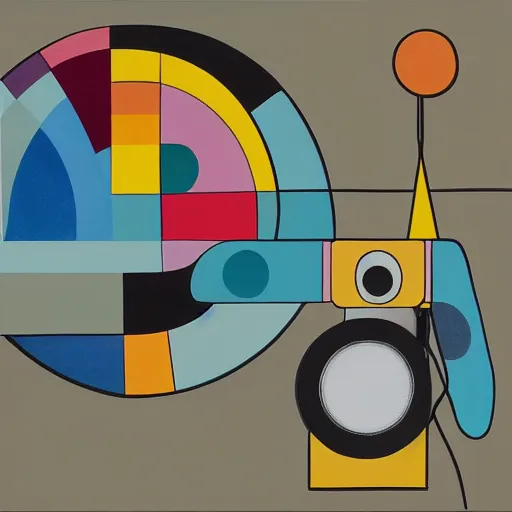 Image similar to A painting of a rotary dial phone, abstract painting in the style of Sophie Taeuber-Arp and Gary Hume and Tatsuro Kiuchi, flat colour-block style, geometric abstraction, earthy light pastel colours