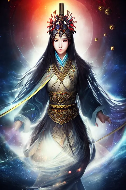 Image similar to beautiful cinematic fantasy poster, wuxia sword dance heroine, beautiful glowing galaxy eyes, hybrid from Dynasty Warriror and art direction by tian zi, WLOP, Darius Zawadzki cinematic quality character render; low angle; ultra high quality model; production quality cinema model;