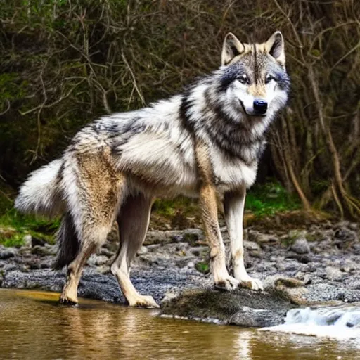 Image similar to A majestic and beautiful wild wolf out by a river with its head down taking a drink from the stream while it's ears are up and alert listening for danger with trees behind it, set in warm spring where it is sunny and windy, award winning, hyper realistic, 8k, photo