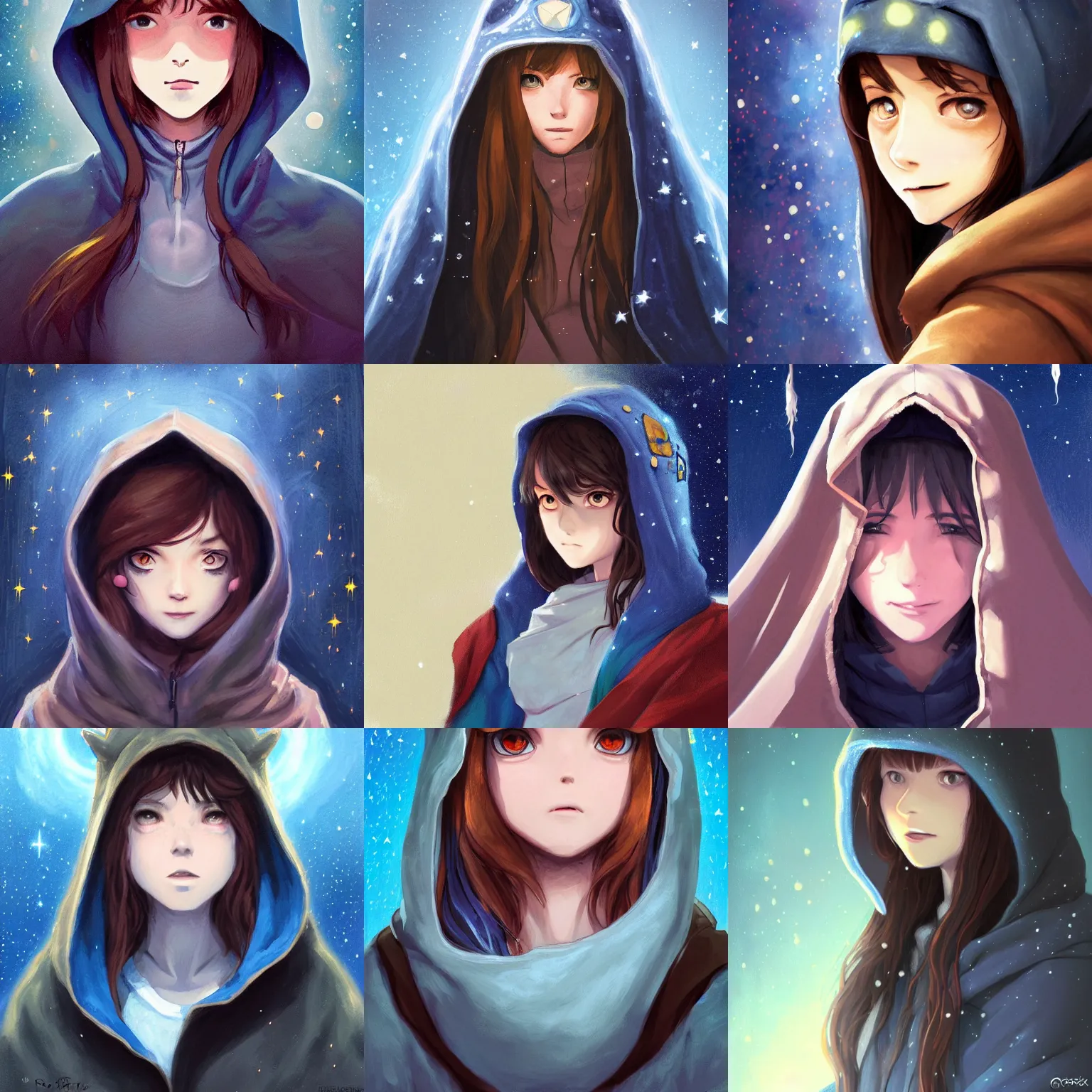 Prompt: portrait of a horrified female wizard with brown hair and black eyes full of stars wearing a blue hood, full body, ambient lighting, highly detailed, digital painting, trending on pixiv fanbox, studio ghibli, extremely high quality artwork, art by ross tran and artgerm and makoto shinkai