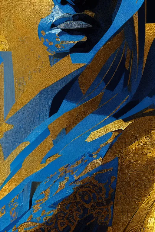 Image similar to art deco patterns, blue and gold, 8 k, close - up portrait, powerfull, intricate, elegant, volumetric lighting, scenery, digital painting, highly detailed, artstation, sharp focus, illustration, concept art, ruan jia, steve mccurry, beksinski