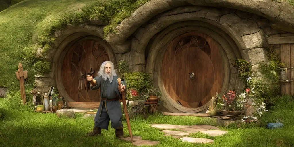 Prompt: a hobbit in his home at the shire with gandalf casting spells fantasy hi quality 4 k render,