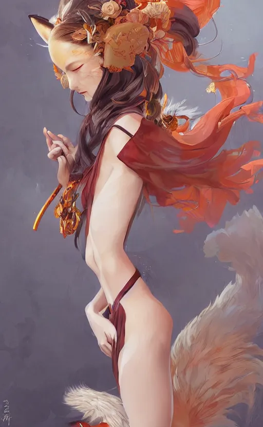 Image similar to An beautiful digital painting of a woman with fox ears and nine tails wearing a kimono, by Stanley Artgerm Lau, WLOP, Rossdraws, James Jean, Andrei Riabovitchev, and Marc Simonetti, trending on artstation