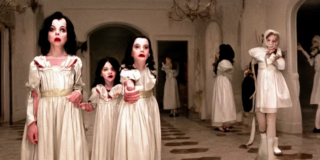 Prompt: a still from Snow White of the twins from The Shining, overlook hotel