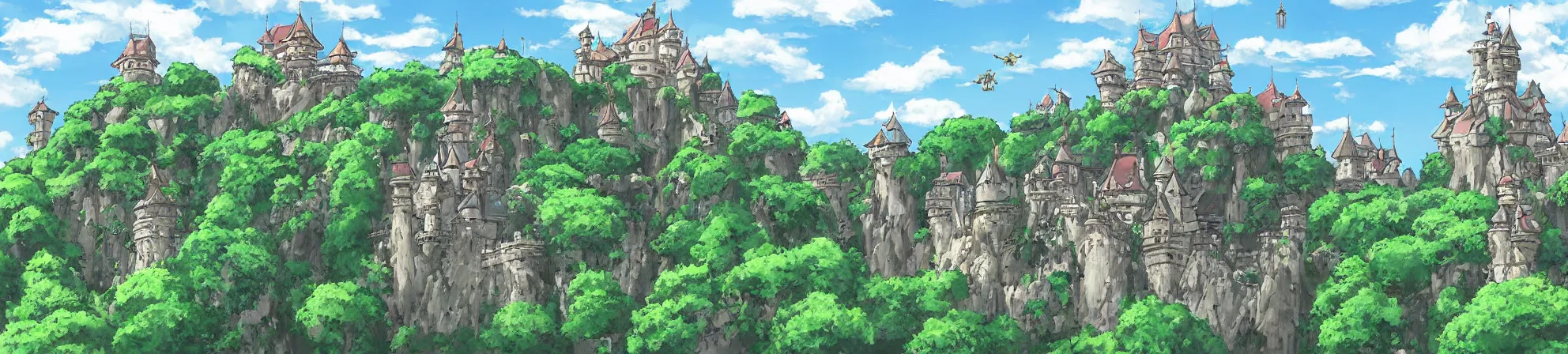 Image similar to Castle with a lot of greenery on its towers, on the island flying in clouds. Art by Hayao Miyazaki