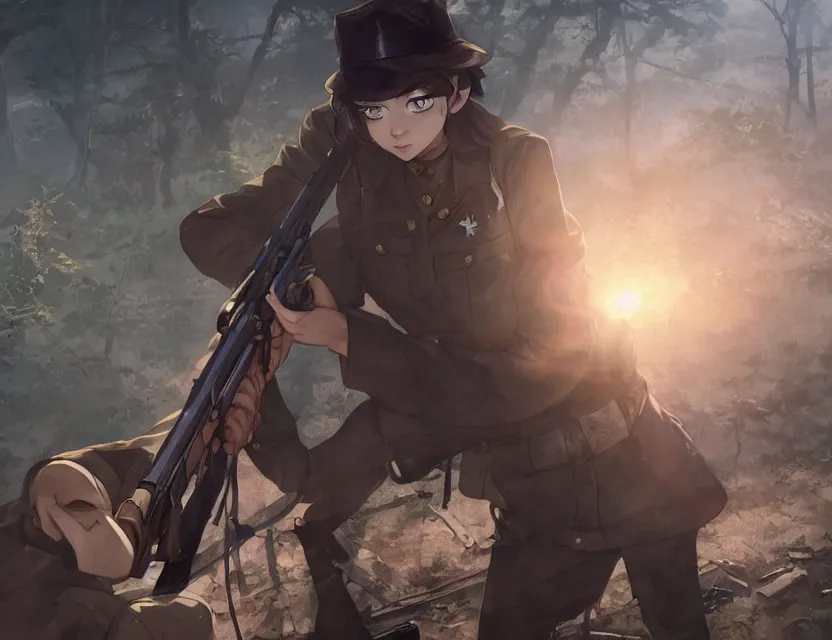 Prompt: a girl with a german rifle shooting nazi zombies, full shot, atmospheric lighting, detailed face, by makoto shinkai, stanley artgerm lau, wlop, rossdraws