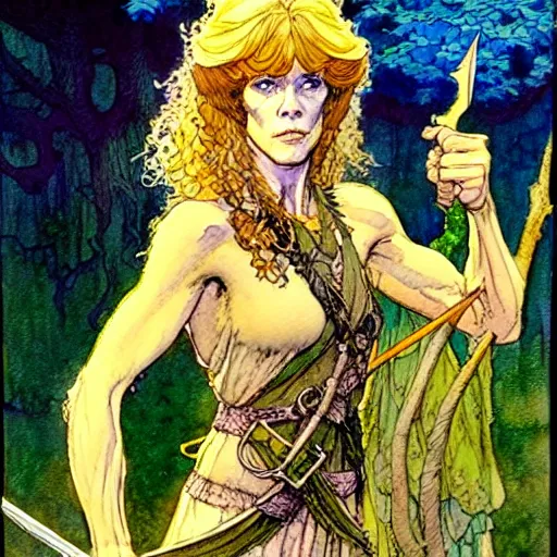 Image similar to a realistic and atmospheric watercolour fantasy character concept art upper body image of a young jane fonda in her 2 0 s posing as a druidic warrior wizard looking at the camera with an intelligent gaze by rebecca guay, michael kaluta, charles vess and jean moebius giraud