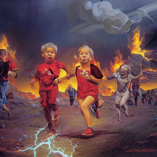 Image similar to a running child surrounded covered, lightning, vapor, mist, smoke, blood drops, fire, a highly detailed matte painting by John Philip Falter and Jason Edmiston