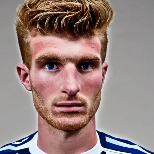 Image similar to a realistic detailed photo of a guy who is an attractive humanoid who is half robot and half humanoid, who is a male android, soccer player timo werner, shiny skin, posing like a statue, blank stare, in a living room, on display, showing off his muscles