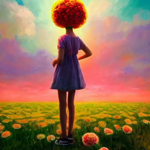 Prompt: head made of carnations flower, girl standing in the middle of a flower field, surreal photography, sunrise dramatic light, impressionist painting, colorful clouds, digital painting, artstation, simon stalenhag, flower face