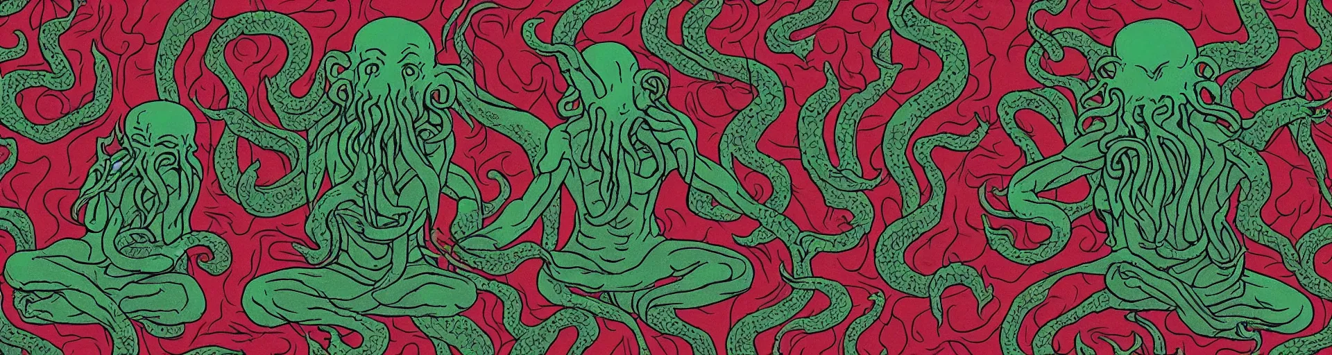 Image similar to meditating Cthulhu lost in Twin Peaks while David Lynch is shape-shifting in the background, fractal tile, mike judge art style, 90s mtv illustration