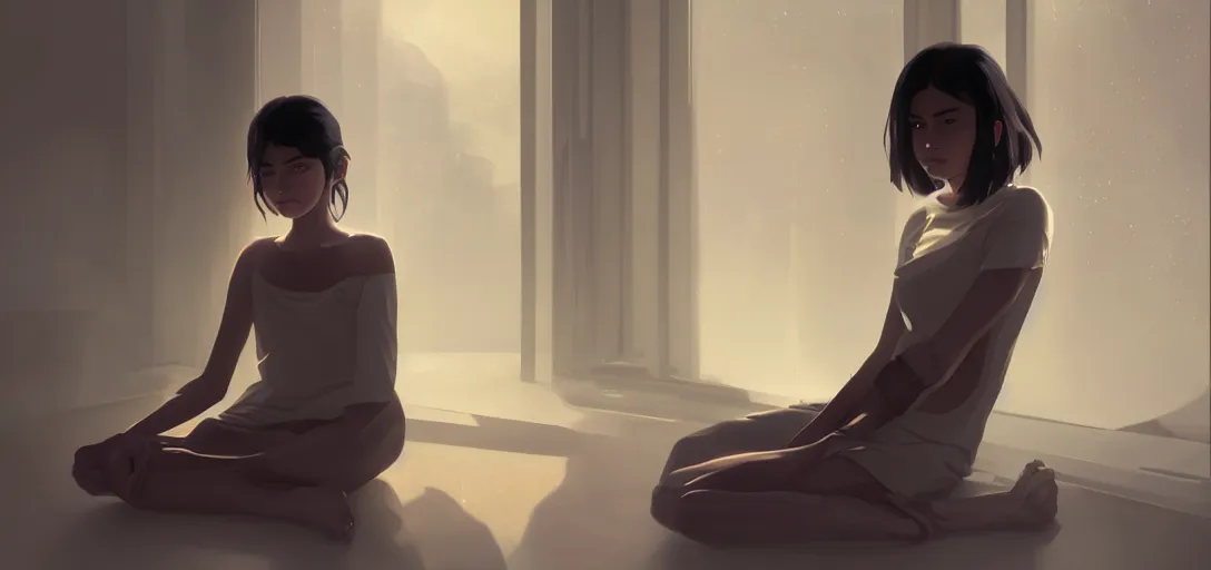 Image similar to Young Himalayan woman sitting concerned in an empty room, night time scene, somber white eyes, long ashy hair, gentle lighting, futuristic, dim lighting, digital art by Makoto Shinkai ilya kuvshinov and Wojtek Fus, digital art, concept art,