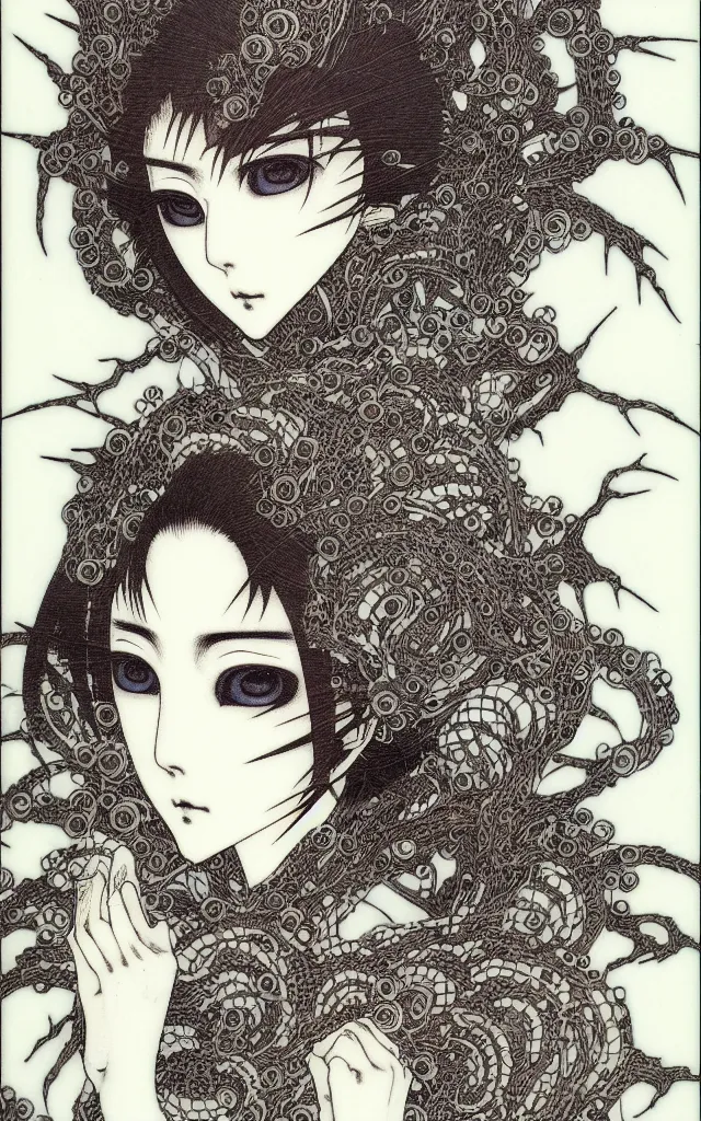 Prompt: prompt: Fragile looking face drawn by Takato Yamamoto, mystic eyes, ceramic looking face, cyber parts inspired by Evangeleon, clean ink detailed line drawing, intricate detail drawing, manga 1990, portrait