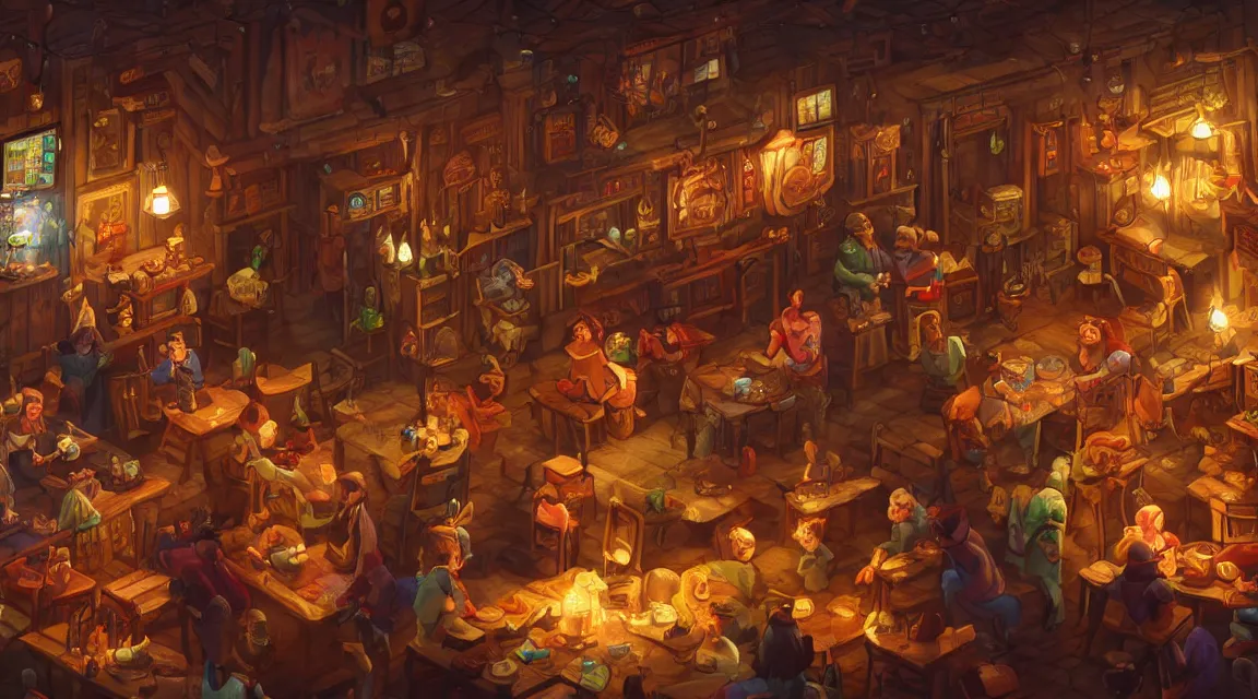 Image similar to A multidimensional cozy tavern, screenshot from hidden object game, cinematic lighting, epic composition, cartoon, animation, background art, post processing, 8K resolution