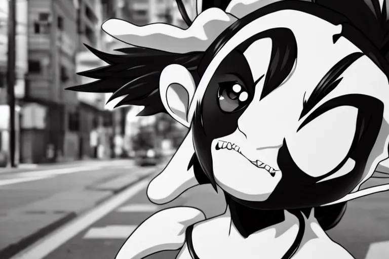 Image similar to still photo of a japanese anime mascot on the street, black and white color aesthetic, highly detailed, photorealistic portrait, bright studio setting, studio lighting, crisp quality and light reflections, unreal engine 5 quality render