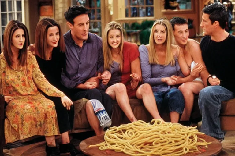 Prompt: the episode of Friends where everyone gets covered in spaghetti